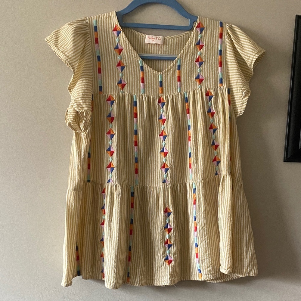 Hailey & Co Yellow striped Embroidered Peasant Top Multicolor Accents